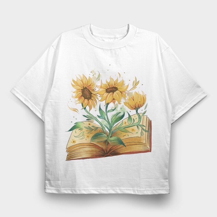 Sunflowers Coming Out Of Book Watercolor, Tricou Oversize Barbati (Unisex)