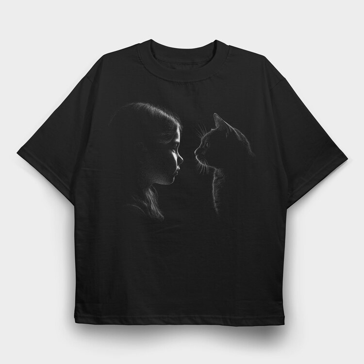 Girl And A Cat Silhouette, Tricou Oversize Barbati (Unisex)