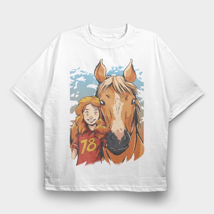 Girl And Horse Portrait Child Friend, Tricou Oversize Barbati (Unisex)