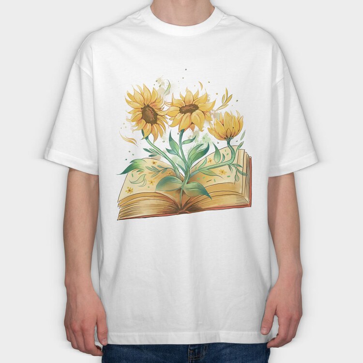 Sunflowers Coming Out Of Book Watercolor, Tricou Oversize Barbati (Unisex)