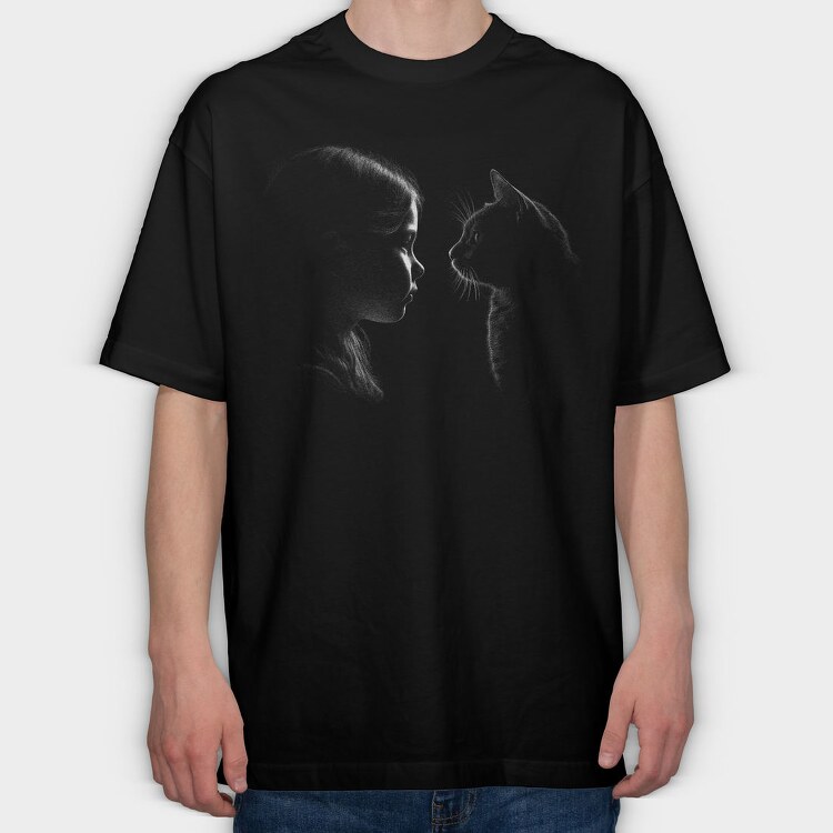 Girl And A Cat Silhouette, Tricou Oversize Barbati (Unisex)