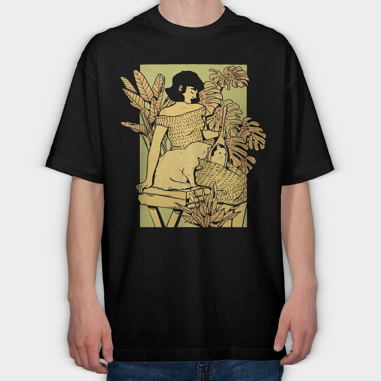 Girl And Cat, Tricou Oversize Barbati (Unisex)