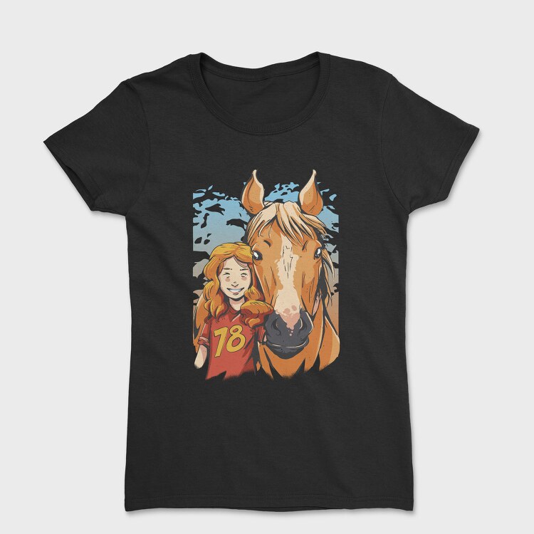 Girl And Horse Portrait Child Friend, Tricou Femei