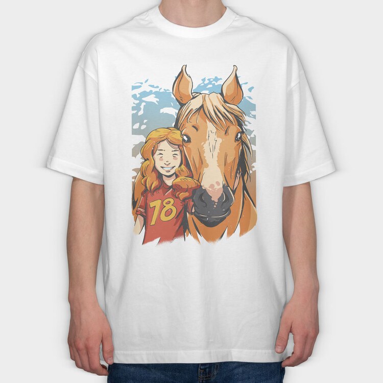 Girl And Horse Portrait Child Friend, Tricou Oversize Barbati (Unisex)