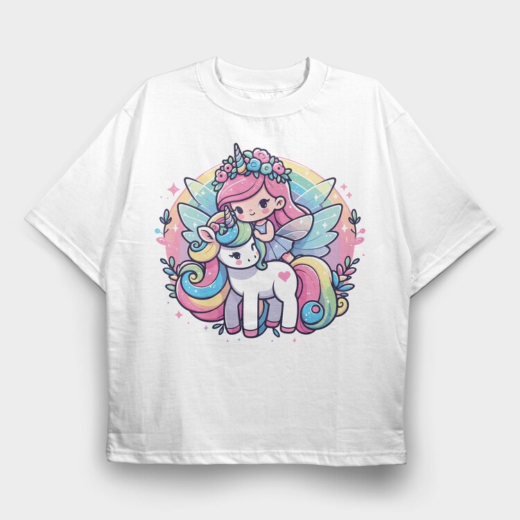 Kawaii Fairy Riding Unicorn, Tricou Oversize Barbati (Unisex)
