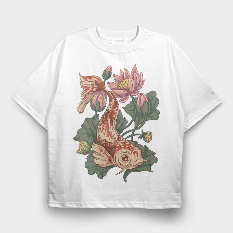 Koi Fish Lotus Illustration 04, Tricou Oversize Barbati (Unisex)