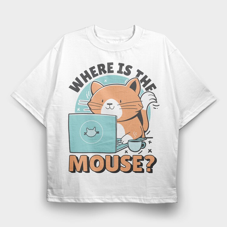 Cat Using Computer Mouse, Tricou Oversize Barbati (Unisex)
