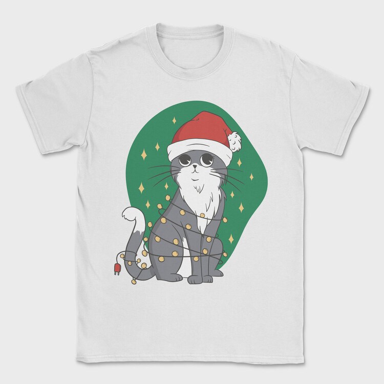 Cat With Fairy Lights Christmas, Tricou Barbati (Unisex)