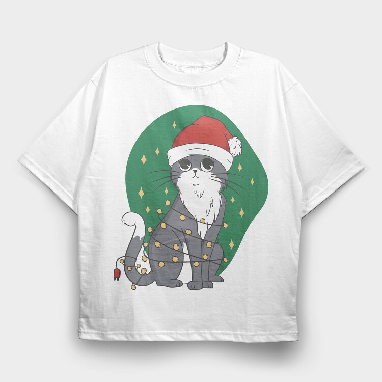 Cat With Fairy Lights Christmas, Tricou Oversize Barbati (Unisex)
