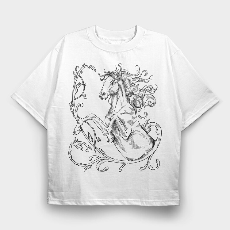 Hand Drawn Antique Horse Animal, Tricou Oversize Barbati (Unisex)
