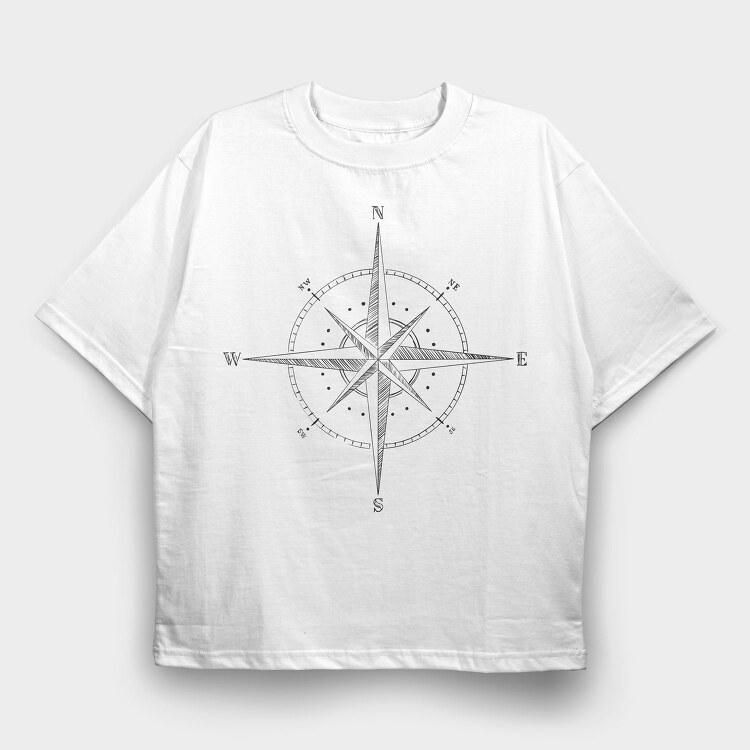 Hand Drawn Compass Rose Illustration, Tricou Oversize Barbati (Unisex)