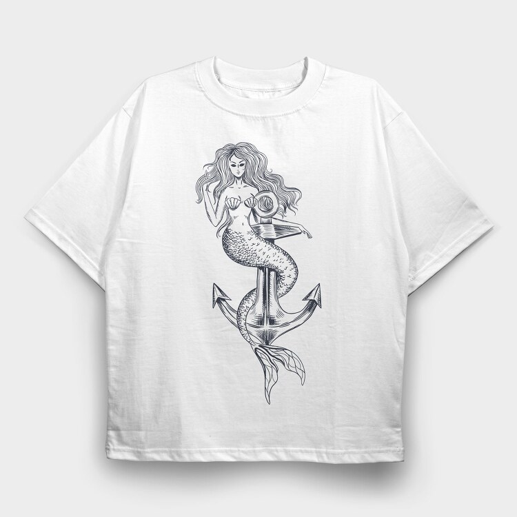 Hand Drawn Mermaid Siren And Anchor, Tricou Oversize Barbati (Unisex)