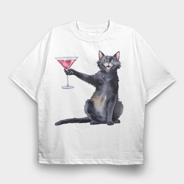 Cat With Martini Throw Pillow Black, Tricou Oversize Barbati (Unisex)