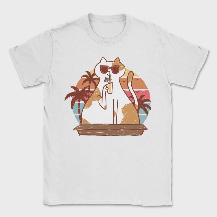 Cat With Summer Drink Retro Sunset, Tricou Barbati (Unisex)