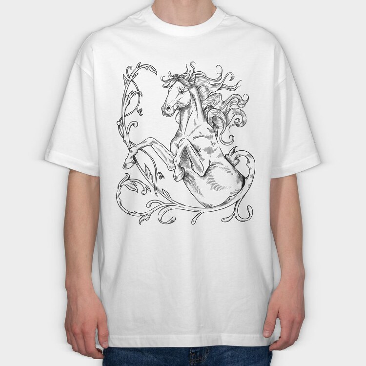 Hand Drawn Antique Horse Animal, Tricou Oversize Barbati (Unisex)