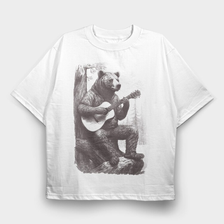 Bear Playing Guitar Hand Drawn, Tricou Oversize Barbati (Unisex)