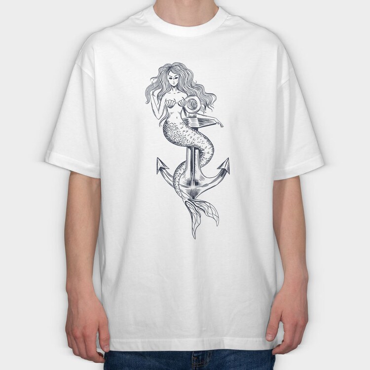 Hand Drawn Mermaid Siren And Anchor, Tricou Oversize Barbati (Unisex)