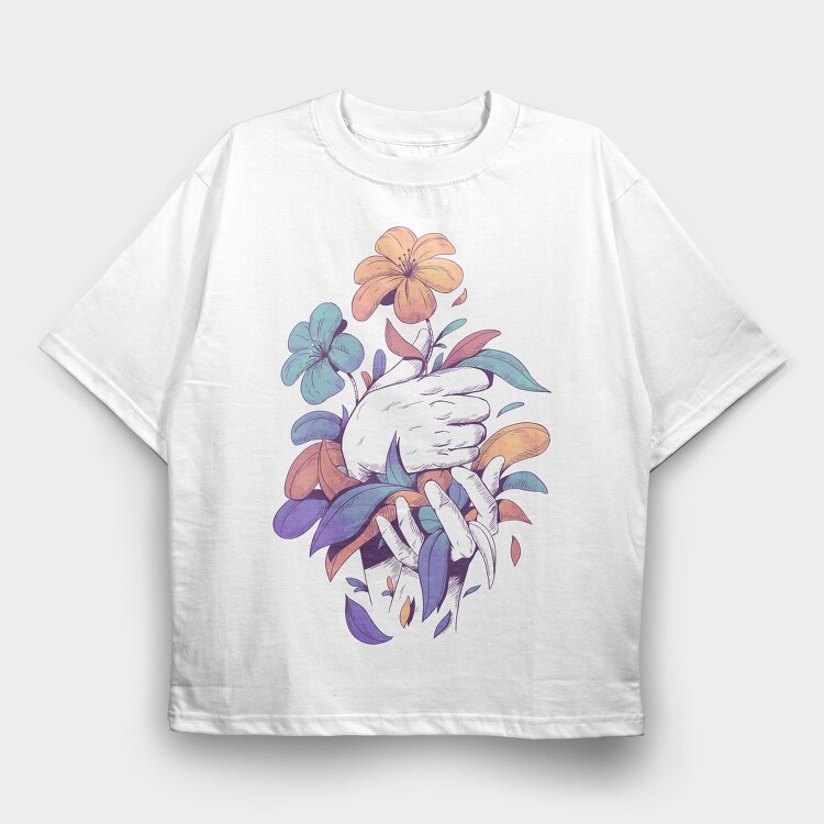 Hands Holding Flowers And Leaves Plants 03, Tricou Oversize Barbati (Unisex)