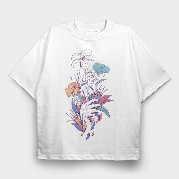 Hands With Flowers And Leaves Plants, Tricou Oversize Barbati (Unisex)