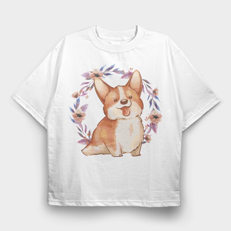 Happy Corgi Dog Watercolor Pillow, Tricou Oversize Barbati (Unisex)