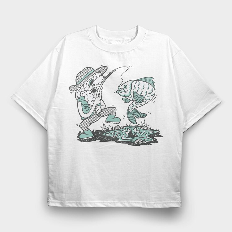Happy Fisherman And Fish Cartoon, Tricou Oversize Barbati (Unisex)