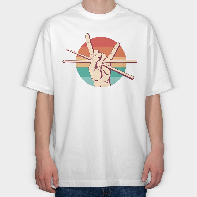 Hand Holding Drum Sticks Drummer Retro Sunset, Tricou Oversize Barbati (Unisex)
