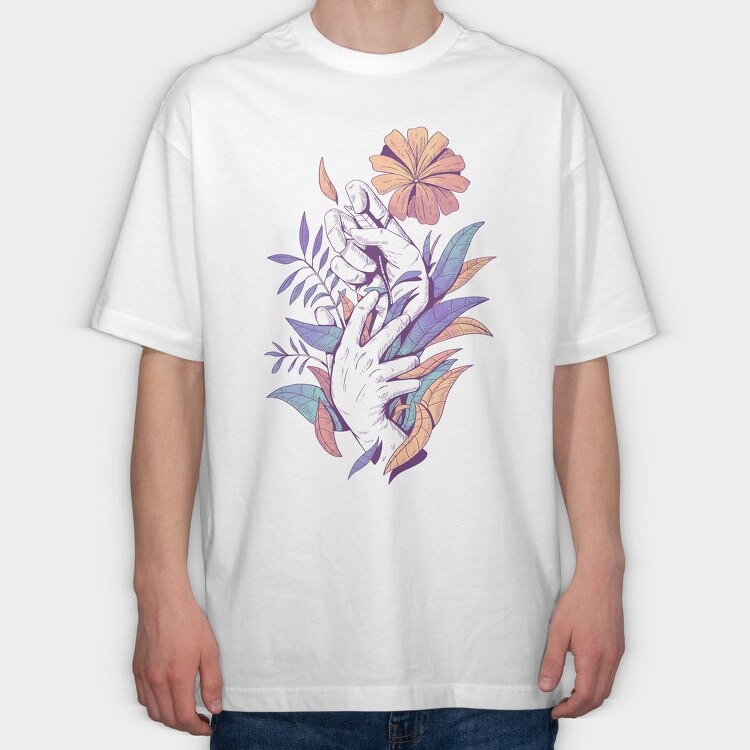 Hands Holding Leaves And Flowers Plants 08, Tricou Oversize Barbati (Unisex)
