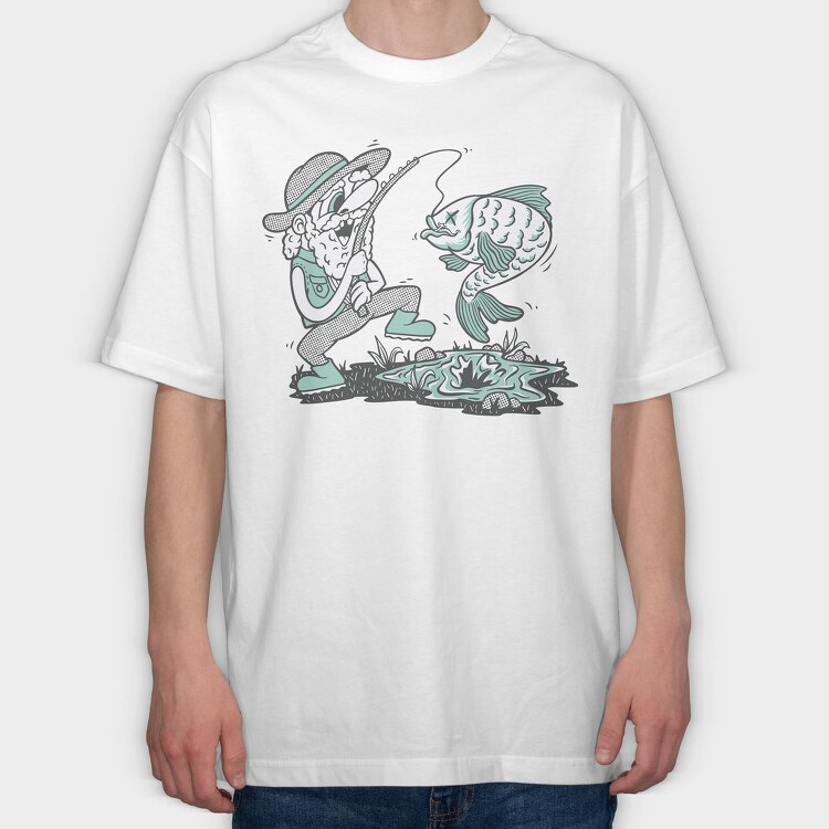 Happy Fisherman And Fish Cartoon, Tricou Oversize Barbati (Unisex)