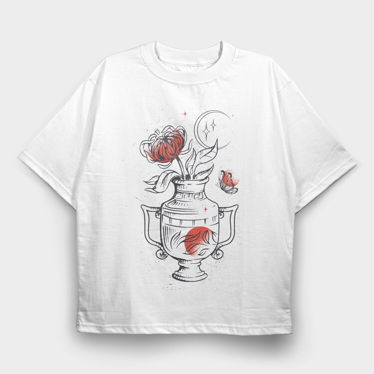 Tattoo Floral Vase Chrysanthemum Moon Red Black, Tricou Oversize Barbati (Unisex)