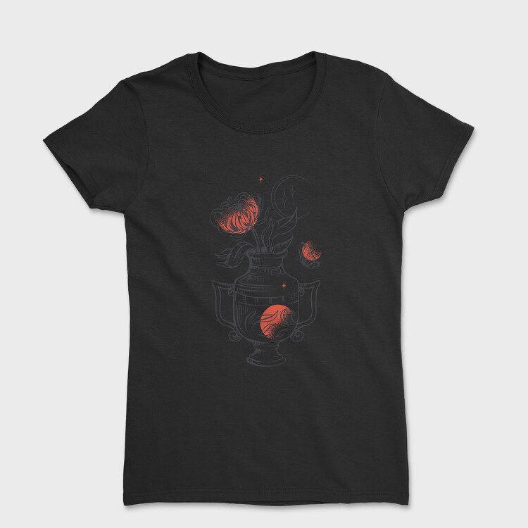 Tattoo Floral Vase Chrysanthemum Moon Red Black, Tricou Femei