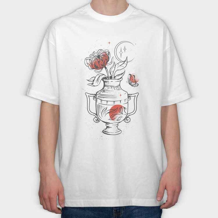 Tattoo Floral Vase Chrysanthemum Moon Red Black, Tricou Oversize Barbati (Unisex)