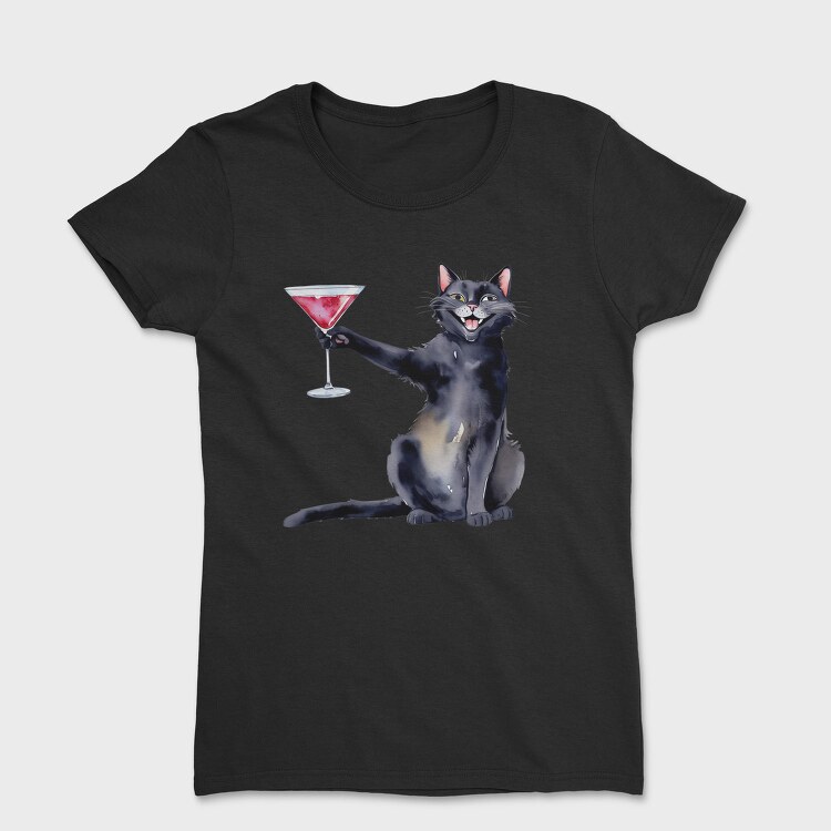 Cat With Martini Throw Pillow Black, Tricou Femei