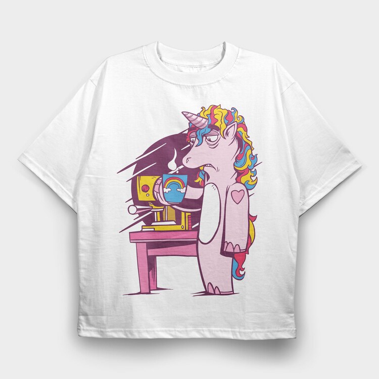 Tired Unicorn With Coffee, Tricou Oversize Barbati (Unisex)