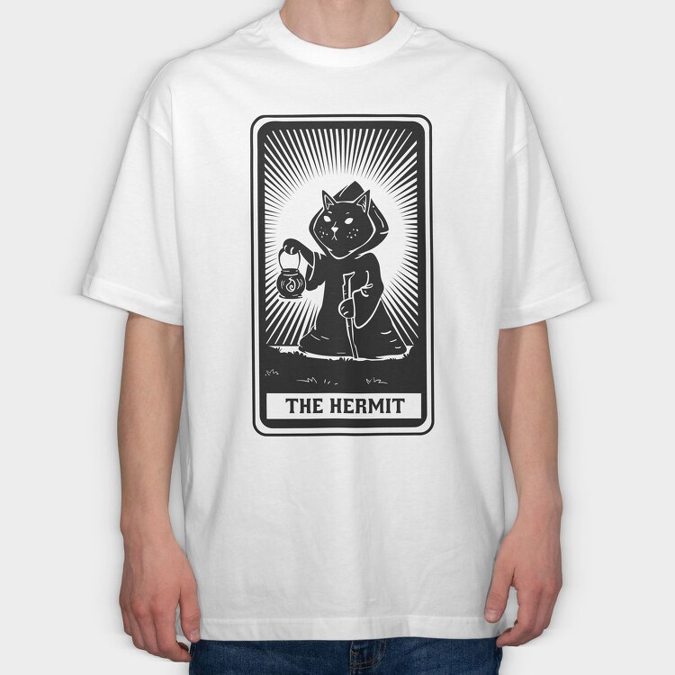 Cat Tarot Card Fantasy The Hermit, Tricou Oversize Barbati (Unisex)