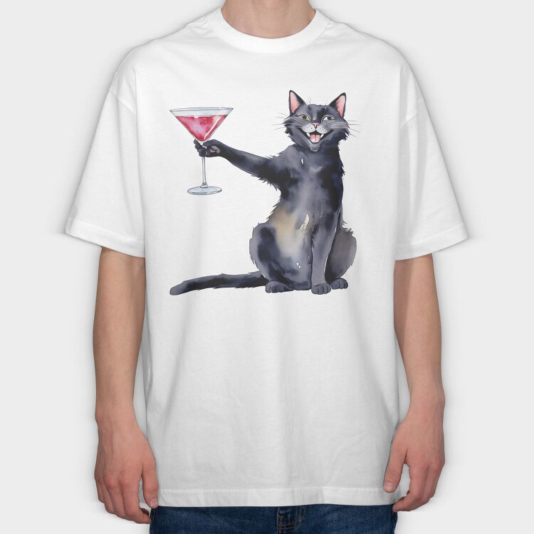 Cat With Martini Throw Pillow Black, Tricou Oversize Barbati (Unisex)