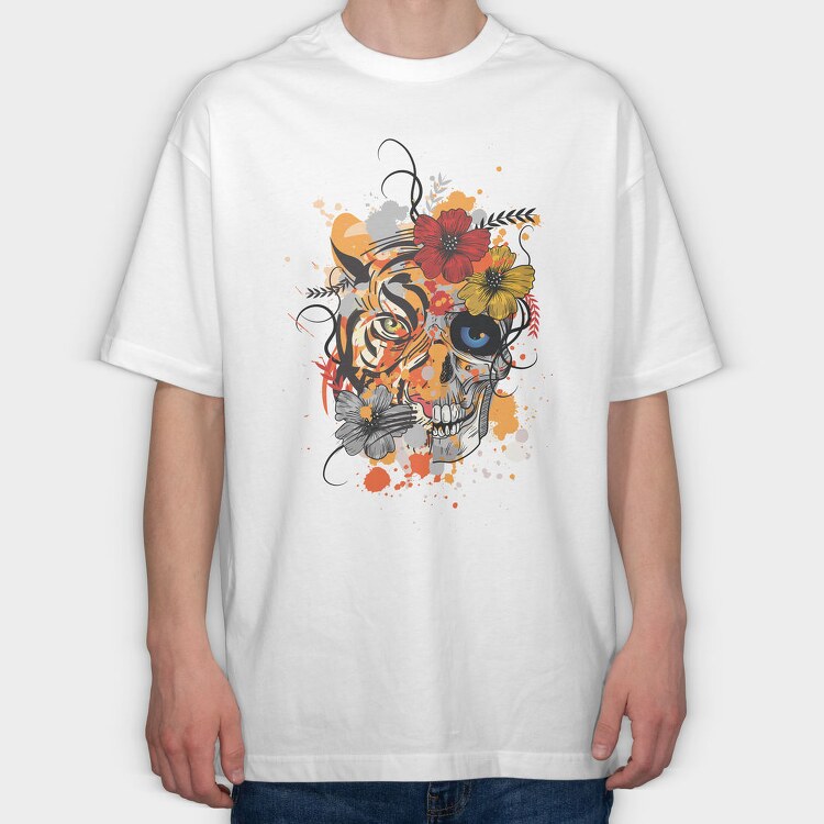 Tiger And Skull Abstract 001, Tricou Oversize Barbati (Unisex)