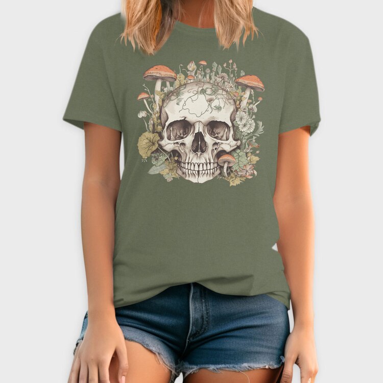 Skull With Mushrooms and Flowers, Tricou Barbati (Unisex)