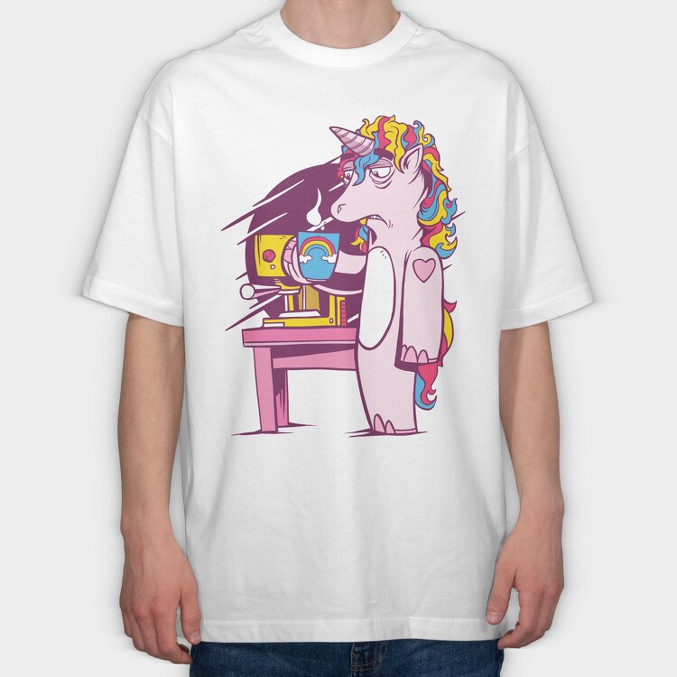 Tired Unicorn With Coffee, Tricou Oversize Barbati (Unisex)