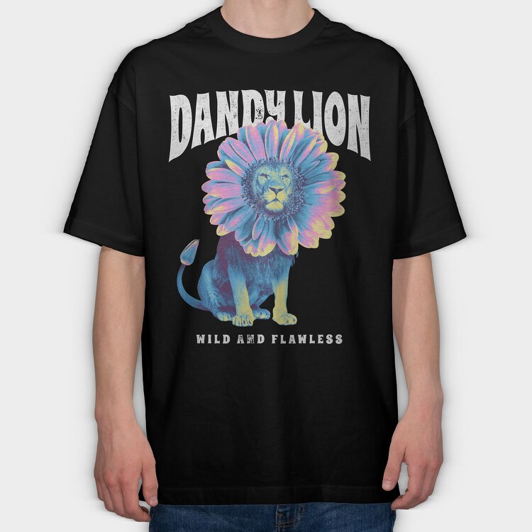 Lion Animal With Sunflower Head Flower, Tricou Oversize Barbati (Unisex)