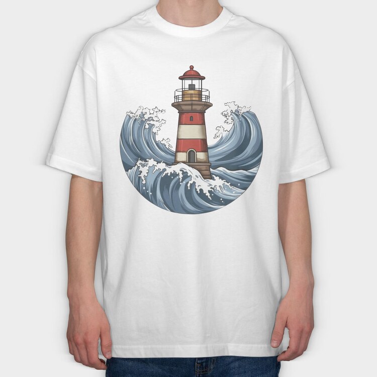 Lighthouse And Waves Sea, Tricou Oversize Barbati (Unisex)