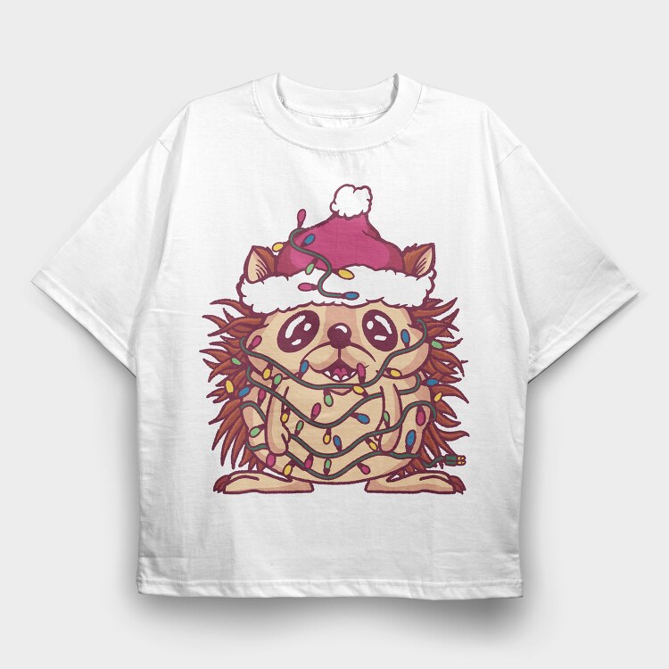 Hedgehog In Christmas Lights, Tricou Oversize Barbati (Unisex)
