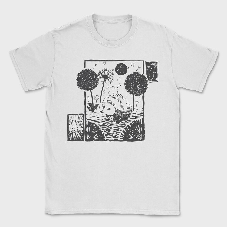 Hedgehog With Dandelions Lino Art, Tricou Barbati (Unisex)