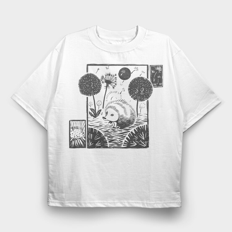 Hedgehog With Dandelions Lino Art, Tricou Oversize Barbati (Unisex)