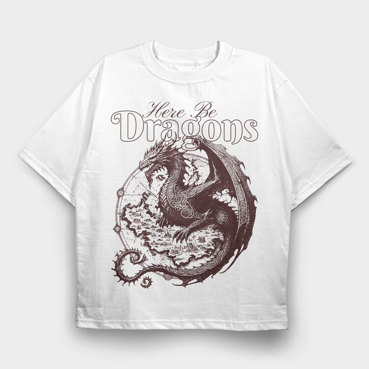 Here Be Dragons Fantasy, Tricou Oversize Barbati (Unisex)