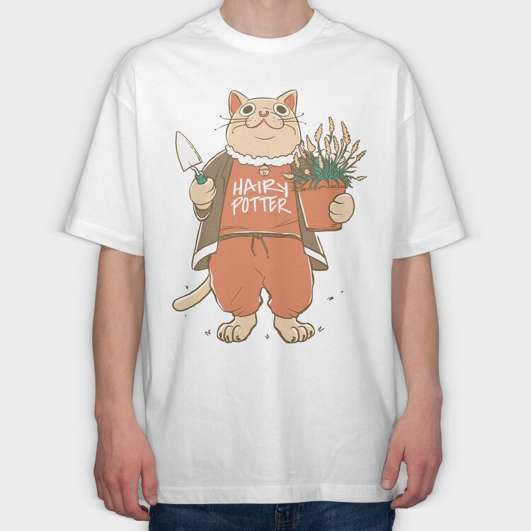 Cat With Plant Pottery, Tricou Oversize Barbati (Unisex)
