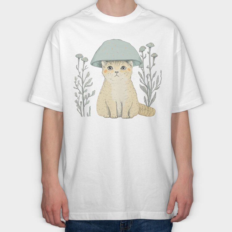 Cat With A Mushroom Hat, Tricou Oversize Barbati (Unisex)