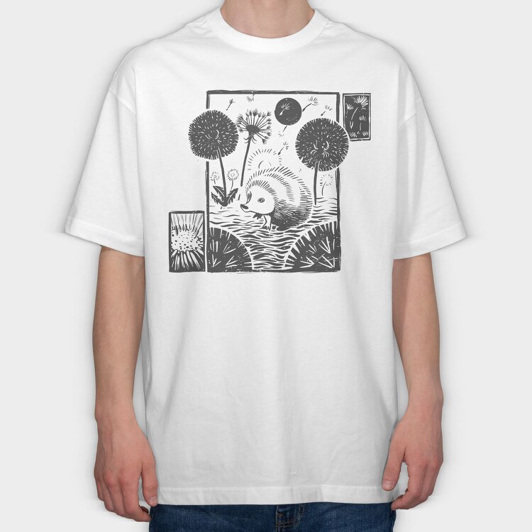 Hedgehog With Dandelions Lino Art, Tricou Oversize Barbati (Unisex)
