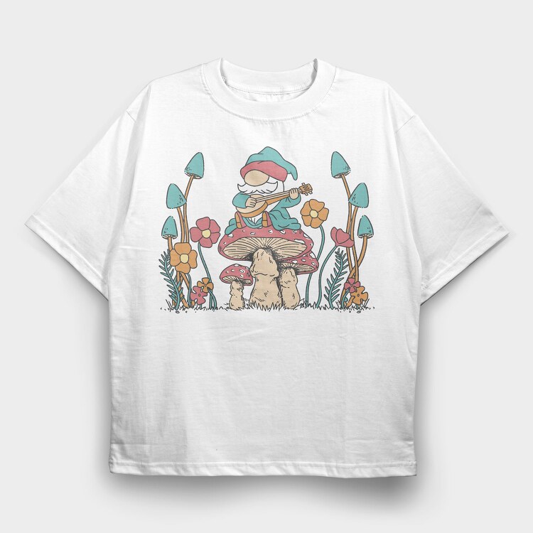 Hippie Gnome On Mushroom Banjo Cottagecore, Tricou Oversize Barbati (Unisex)
