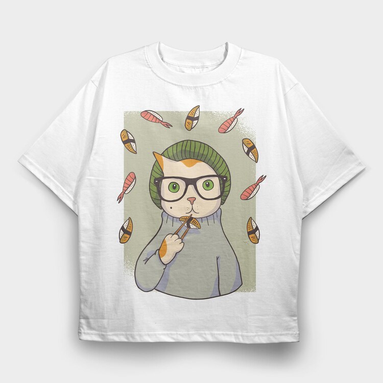Hipster Sushi Cat, Tricou Oversize Barbati (Unisex)