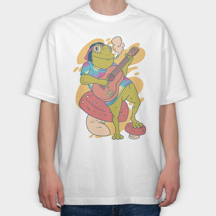 Hippie Frog Playing Guitar, Tricou Oversize Barbati (Unisex)
